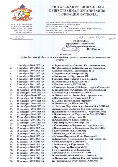 Календарь   областных соревнований по мини-футболу среди команд до 10,12,14,16 и 18 лет   2018/19 г.